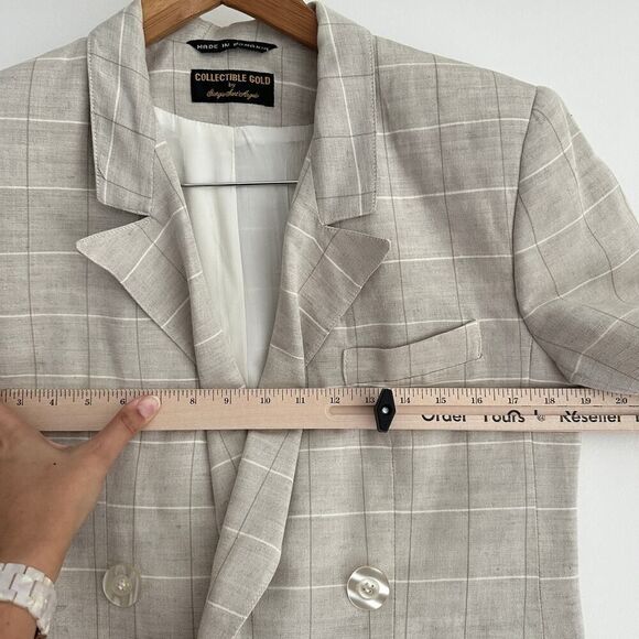 Vintage Linen Blend Jacket Women 6 Plaid Neutral Minimalist Old Money Equestrian - Picture 11 of 12